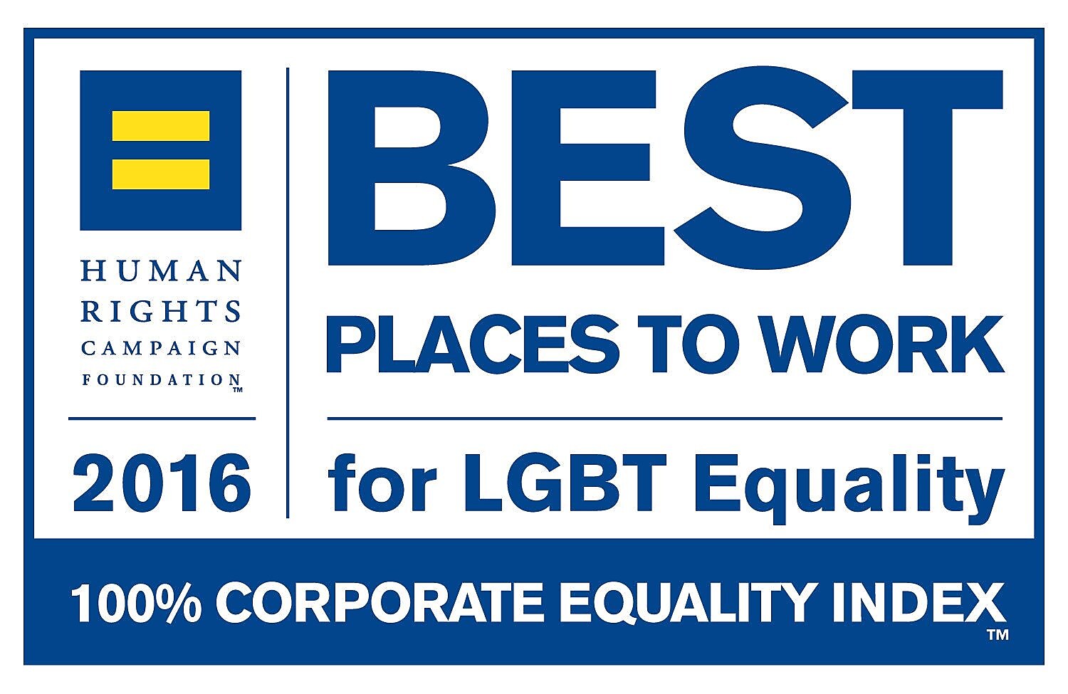 图片所示文字为:人权运动组织基金会 2016。LGBT 平等的最佳工作场所。100% 企业平等指数。