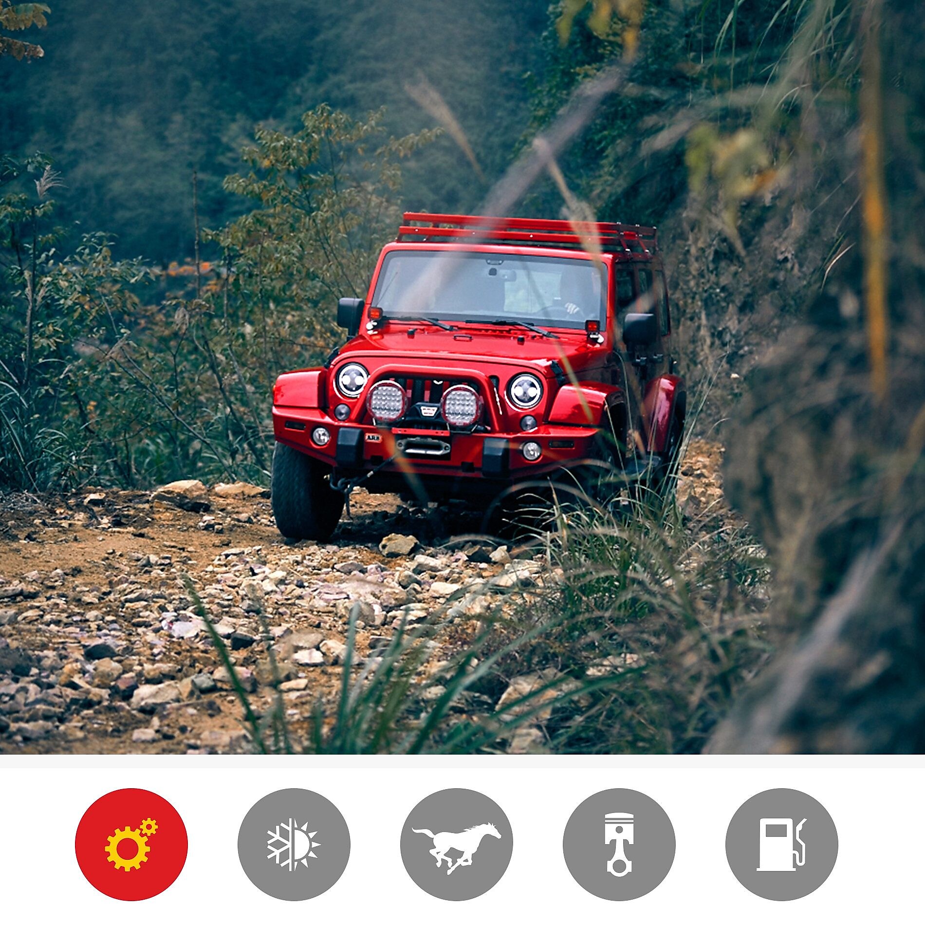 一辆在崎岖地形上行驶的红色吉普展示开云超凡喜力产品在发动机应力和磨损保护方面的优势