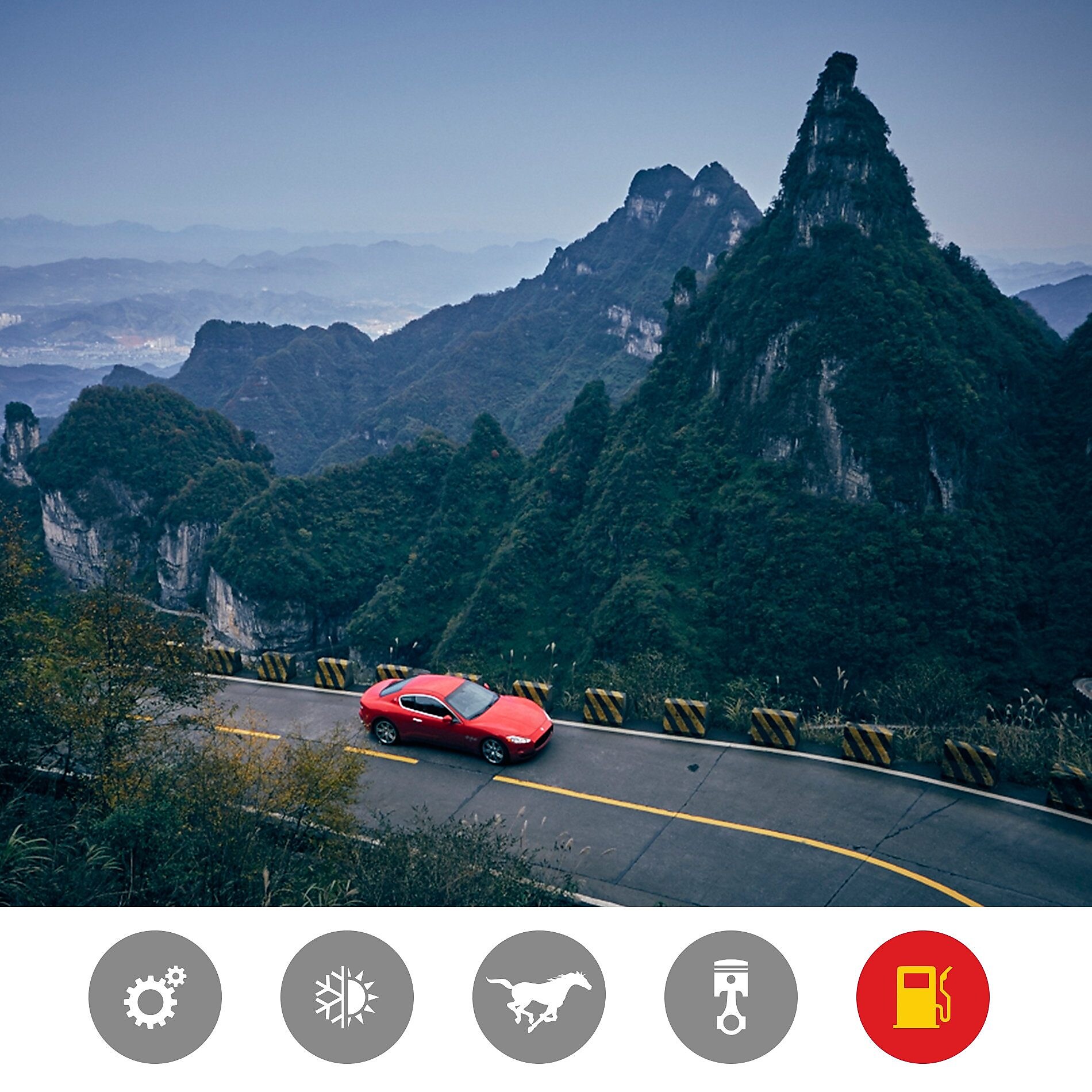 一辆红色玛莎拉蒂悠闲行驶在盘山路上，展示了开云超凡喜力产品更高的燃油经济性